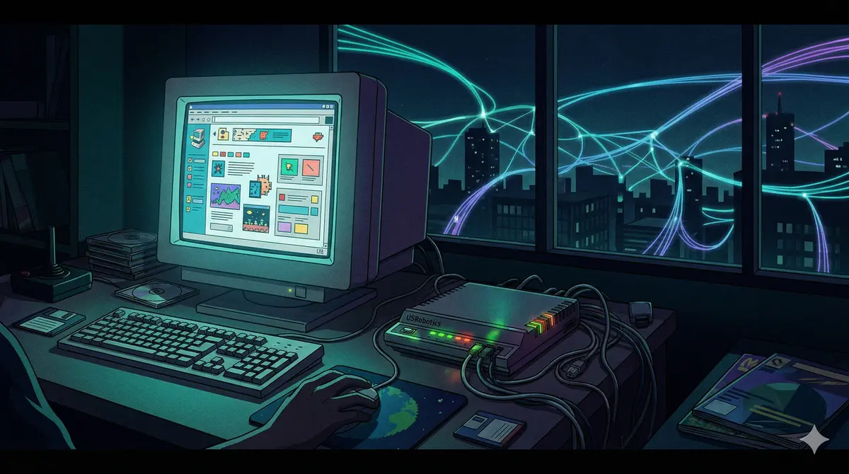 Escritorio con módem y monitor CRT de los 90